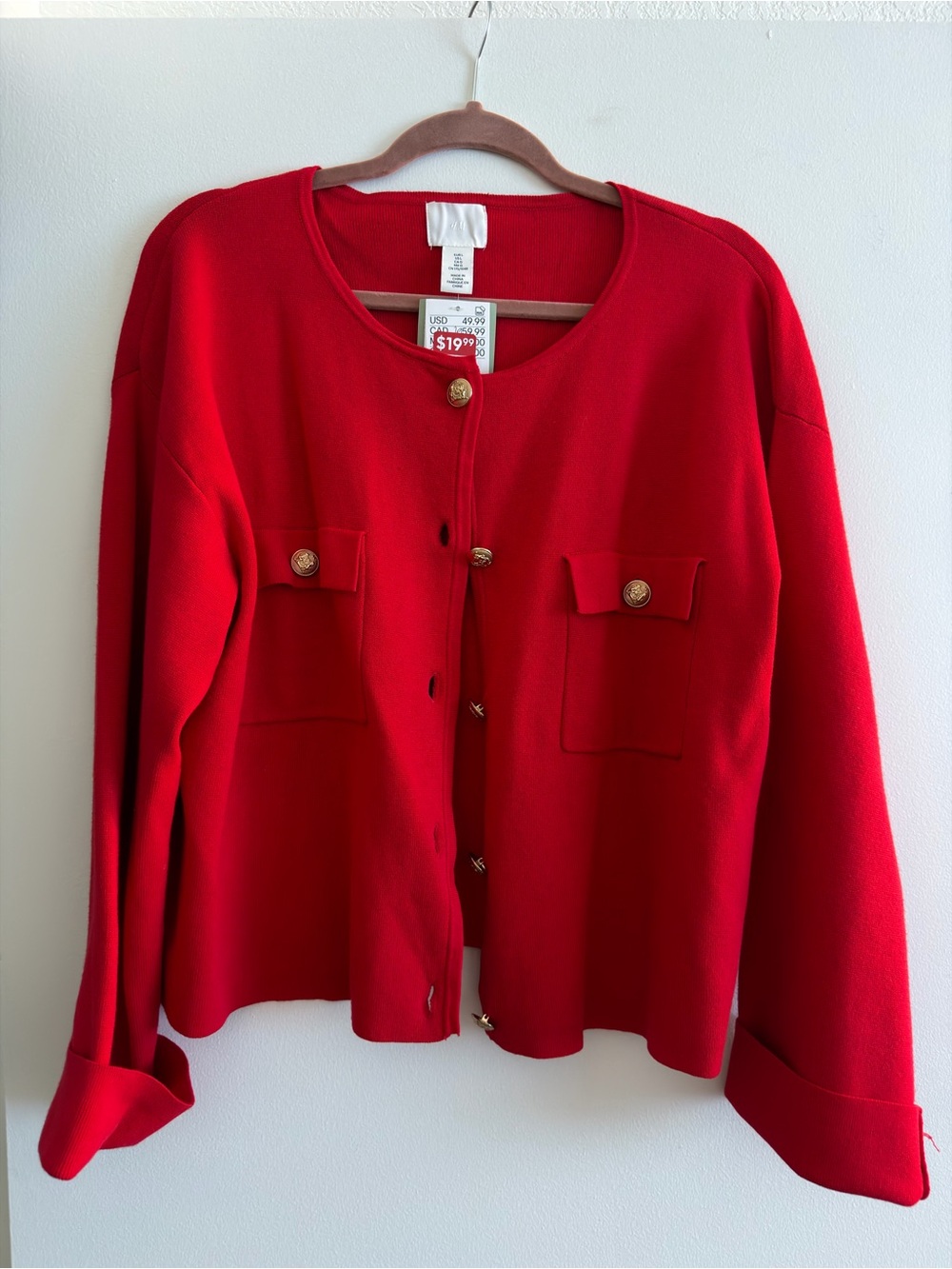 H&M Bright Red Crewneck Cardigan with Decorative Buttons